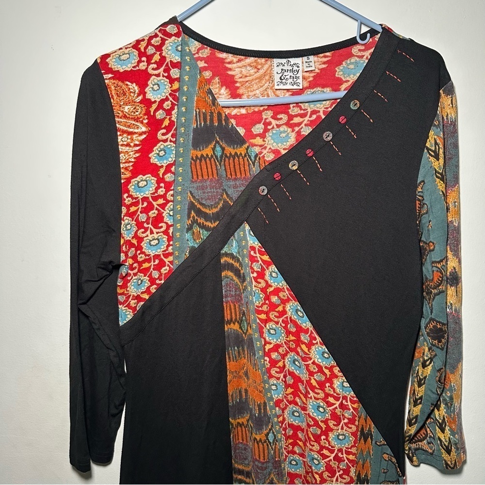 Parsley & Sage Asymmetrical Artsy Lagenlook Patchwork Textured Longline Tunic S - Picture 4 of 15